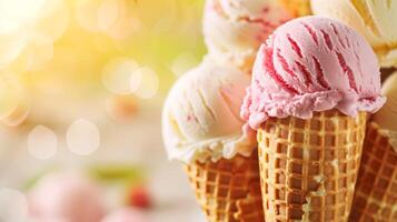 Cones ice creams with fruits, summer dessert background photo