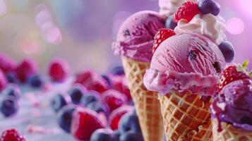 Cones ice creams with fruits, summer dessert background photo