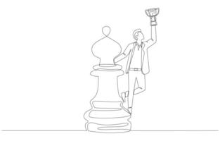 Continuous one line drawing of businessman standing on chess piece raising trophy, successful business strategy concept, single line art. vector