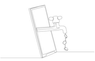 Continuous one line drawing of faucet come out of smartphone screen with coins coming out of faucet, online income concept, single line art. vector