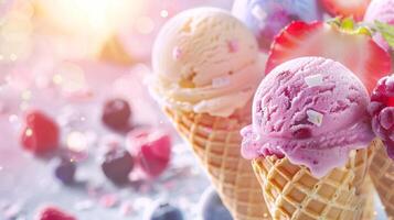 Cones ice creams with fruits, summer dessert background photo