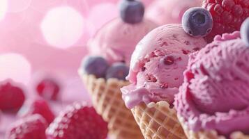 Cones ice creams with fruits, summer dessert background photo