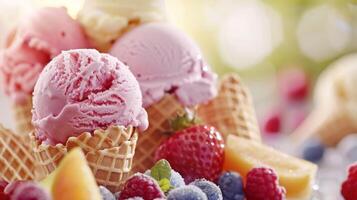 Cones ice creams with fruits, summer dessert background photo
