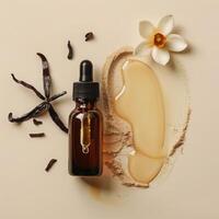 Essential bio oil bottle cosmetics, botanical plants background photo