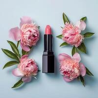 Lipstick make up packaging mockup, flowers background photo