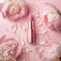 Lipstick make up packaging mockup, flowers background photo