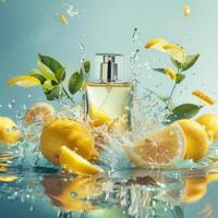 Citrus perfume packaging mockup, fruits citrus background photo