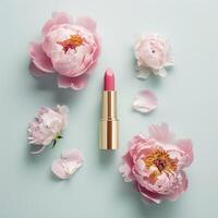 Lipstick make up packaging mockup, flowers background photo