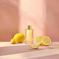 Citrus perfume packaging mockup, fruits citrus background photo
