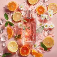 Citrus perfume packaging mockup, fruits citrus background photo