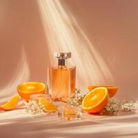 Citrus perfume packaging mockup, fruits citrus background photo