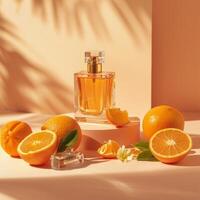Citrus perfume packaging mockup, fruits citrus background photo