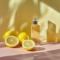 Citrus perfume packaging mockup, fruits citrus background photo