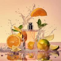 Citrus perfume packaging mockup, fruits citrus background photo