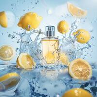 Citrus perfume packaging mockup, fruits citrus background photo