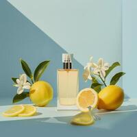 Citrus perfume packaging mockup, fruits citrus background photo