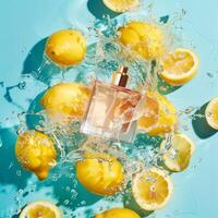 Citrus perfume packaging mockup, fruits citrus background photo