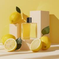 Citrus perfume packaging mockup, fruits citrus background photo