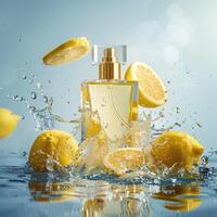 Citrus perfume packaging mockup, fruits citrus background photo