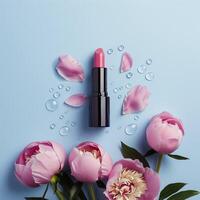 Lipstick make up packaging mockup, flowers background photo