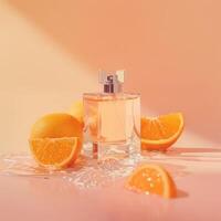 Citrus perfume packaging mockup, fruits citrus background photo