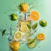 Citrus perfume packaging mockup, fruits citrus background photo