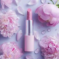 Lipstick make up packaging mockup, flowers background photo