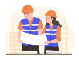 Teamwork of Engineer Staffs Checking Blueprint and Discussing to Collaborate Working in Construction Site vector