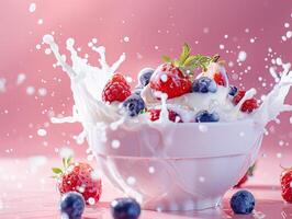 Tasty smoothie breakfast with yogurt splash, healthy food photo