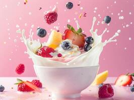 Tasty smoothie breakfast with yogurt splash, healthy food photo