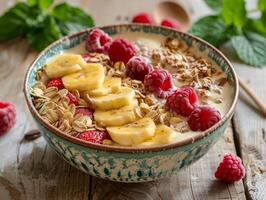 Tasty smoothie breakfast with fruits and berries, healthy food photo