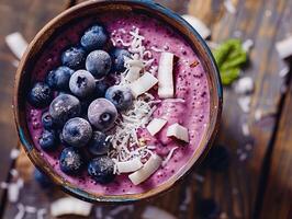 Tasty smoothie breakfast with fruits and berries, healthy food photo