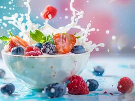 Tasty smoothie breakfast with yogurt splash, healthy food photo