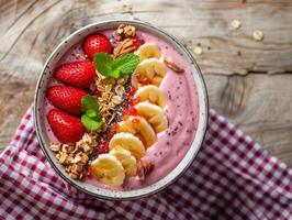 Tasty smoothie breakfast with fruits and berries, healthy food photo