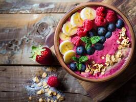 Tasty smoothie breakfast with fruits and berries, healthy food photo