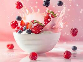 Tasty smoothie breakfast with yogurt splash, healthy food photo