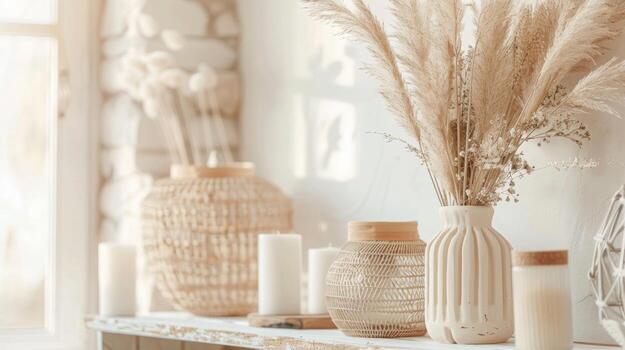 Boho decor in a home office in boho style, boho interior photo