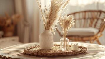 Boho decor in a home office in boho style, boho interior photo