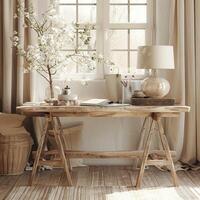 Boho decor in a home office in boho style, boho interior photo