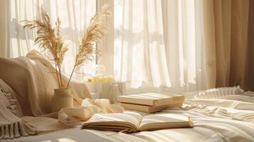 Boho decor in a home office in boho style, boho interior photo