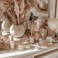 Boho decor in a home office in boho style, boho interior photo