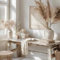 Boho decor in a home office in boho style, boho interior photo