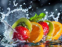 Citrus fruits in water splash, healthy food photo