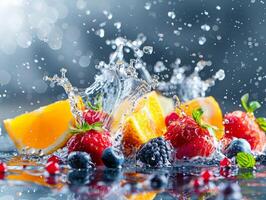 Citrus fruits in water splash, healthy food photo