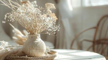Boho decor in a home office in boho style, boho interior photo