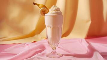 Tasty milkshake with banana and whipped cream, empty pastel background photo