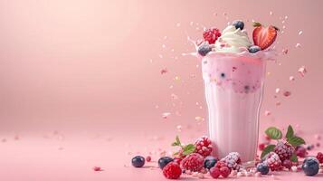 Tasty pink milkshake with berries and cream, empty pastel background photo