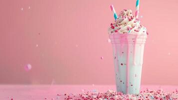 Tasty pink milkshake with berries and cream, empty pastel background photo
