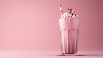 Tasty pink milkshake with berries and cream, empty pastel background photo