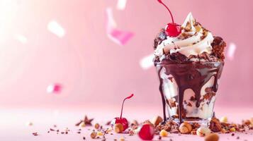 Tasty milkshake with chocolate and whipped cream, empty pastel background photo